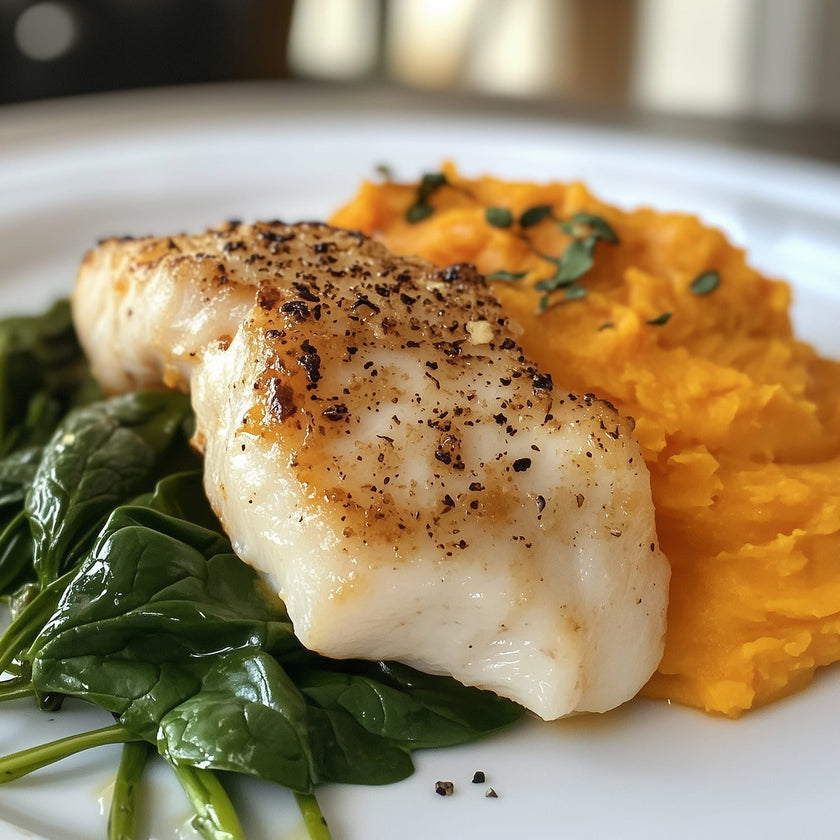 Merluzzo con purè di patate dolci e spinaci al vapore