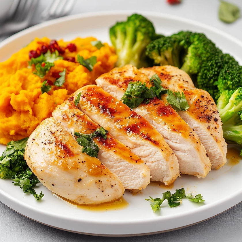 Petto di pollo con purè di patate dolci e broccoli