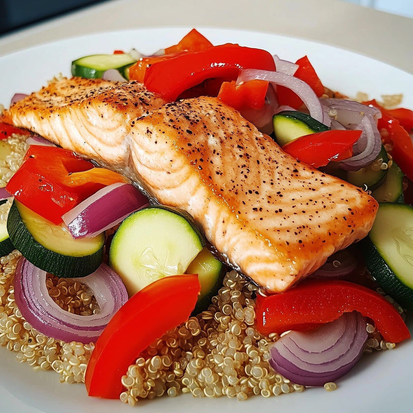 Salmone su letto di verdure e quinoa